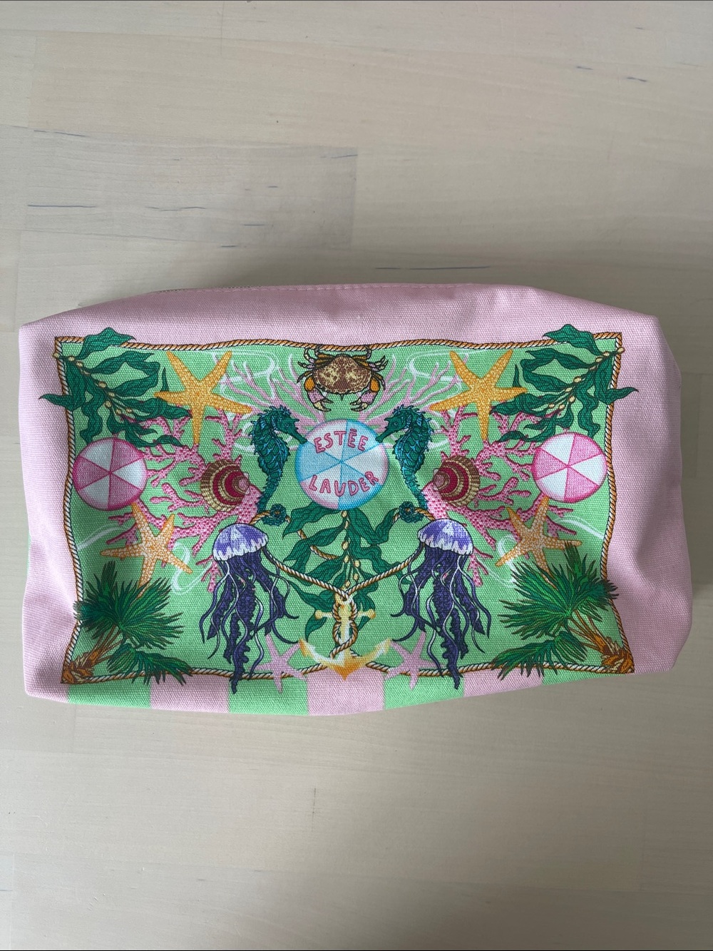 Brand New Estee Lauder Pink and Green Sea Motif Cosmetic Pouch